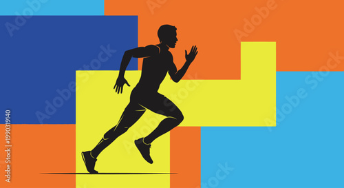 Minimal flat vector silhouette of runner with bold color blocks, trendy design, poster style