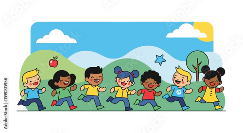 Flat vector children running happily, playful style, bright colors, educational theme