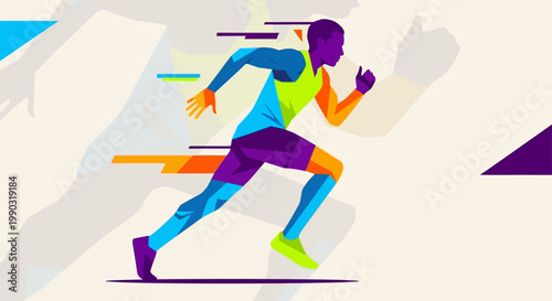 Minimal flat vector silhouette of runner with bold color blocks, trendy design, poster style