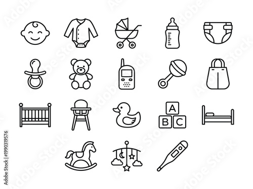 Baby and childcare essential line icons set with teddy bear high chair line art childcare equipment accessories stroller pacifier thermometer pregnancy motherhood fatherhood development
