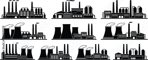 Industrial factory silhouette illustration set featuring chimneys, cooling towers, and tanks, manufacturing plant design, energy production vector, black-and-white drawing