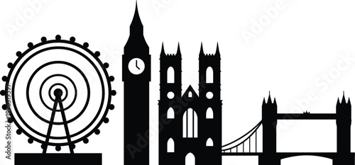 London landmark silhouette illustration set featuring Big Ben, Tower Bridge, London Eye, and Westminster Abbey, iconic city skyline vector, black-and-white drawing