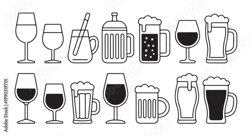 Large icons of beer mugs and wine glasses with different fill levels and foam details set.