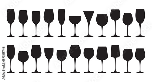 Collection of silhouette glasses for drinks wine champagne and cocktail types.