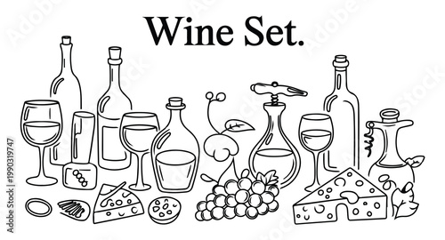 Wine set illustration with bottles, glasses, grapes, and cheese on white background.