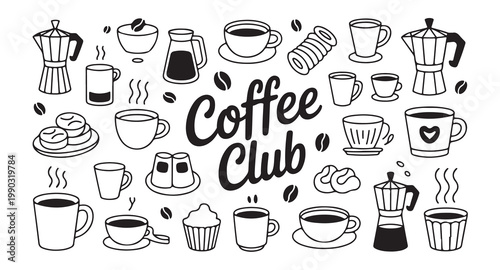 Hand drawn coffee shop doodles and illustrations for cafe menu and design.