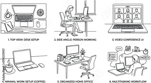 A series of illustrations depicting various home office and work-from-home setups with different desk configurations and workflows. AI, eps, png, jpg. transparent background.
