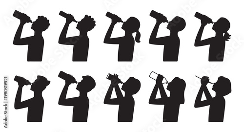 Diverse group of people drinking from various bottles and cups, silhouette icons set.