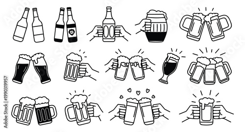 Hands toasting with beer mugs and bottles for celebration isolated.