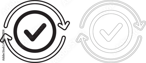Black checkmark inside circle with circular arrows