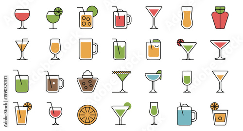 Collection of various beverage icons featuring cocktails and drinks in different glasses.