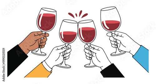Hands holding red wine glasses for celebratory toast at party.