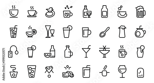 Collection of diverse drink and beverage icons for hospitality and refreshment.