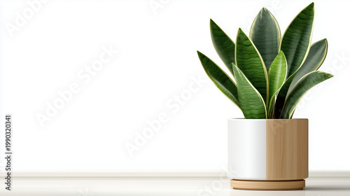 Potted snake plant in modern ceramic planter on white background