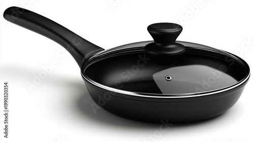 Black frying pan with glass lid and long handle