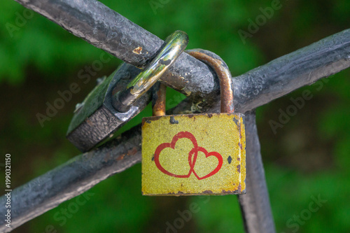 Foto Two padlocks on a fence: a symbol of love and fidelity