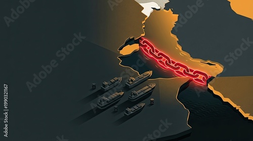 Blockaded Shipping Lane With Red Chain and Cargo Vessels Illustrated Map of Geopolitical Restriction in Maritime Trade Corridor