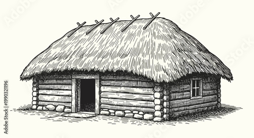Rustic wooden cabin illustration with thatched roof and stone foundation