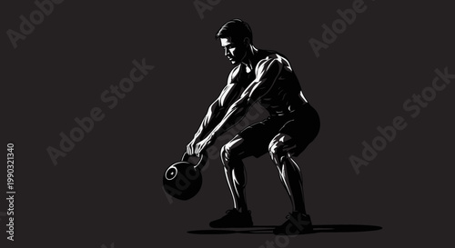 Silhouette of a man lifting a kettlebell in a dynamic fitness exercise