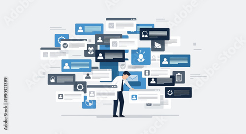 Man interacting with digital icons.