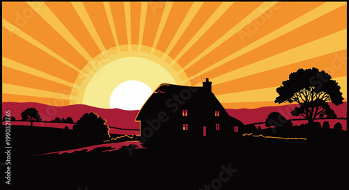 Sunset over rural countryside landscape with house and trees silhouette