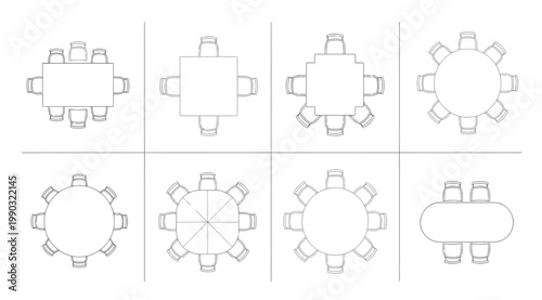 Top view of various dining tables with chairs, furniture set for interior design
