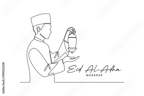 Man Holding Lantern For Eid Mubarak. Eid Al adha Concept. Single line draw design .Vector Icon graphic illustration