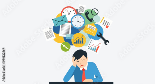 Man stressed at work desk.