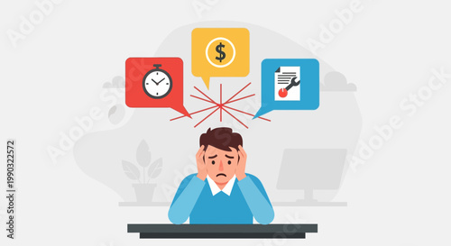 Man Stressed at Work Desk.