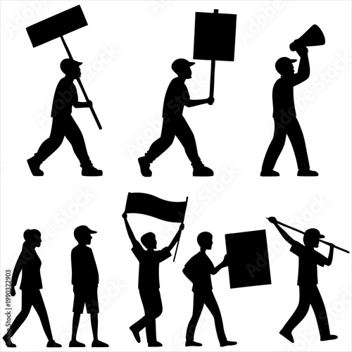 Silhouettes of people participating in a protest with various signs and flags