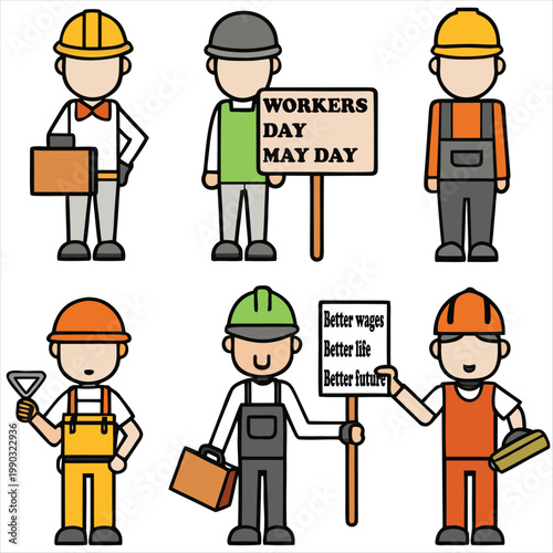Construction workers celebrating labor day with signs and tools