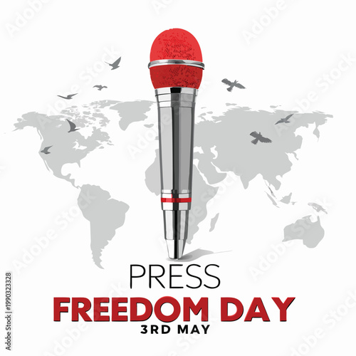 Press Freedom Day Poster with Microphone and World Map Background
