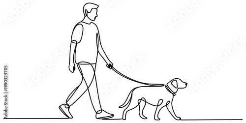 Continuous line drawing of a man walking his faithful dog on a leash against a white background Vector, illustration