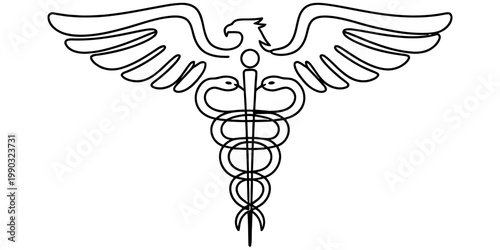 Black and white line drawing of a medical caduceus symbol with eagle wings and entwined snakes Vector, illustration