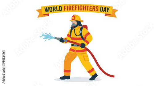 Firefighter spraying water hose in action for World Firefighters Day vector art