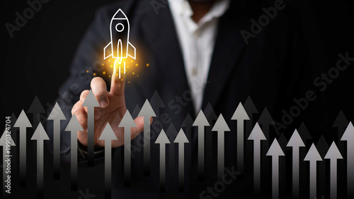 Foto Startup launch and innovation drive fueling digital momentum, representing visionary growth, breakthrough execution, and rapid business acceleration in competitive markets
