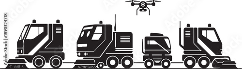 Industrial vehicles, construction trucks, heavy equipment, drone overhead