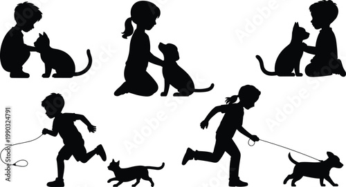 Collection Of Children Playing With Pets Silhouettes Featuring Boys And Girls Walking Dogs Petting Cats And Running With Animals For Family Lifestyle And Veterinary Graphic Design