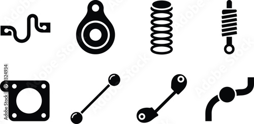 Mechanical Engineering Suspension Icons Featuring Coil Springs Shock Absorbers Gaskets Stabilizer Links And Industrial Hardware Parts For Automotive Repair And Technical Machinery Graphic Design