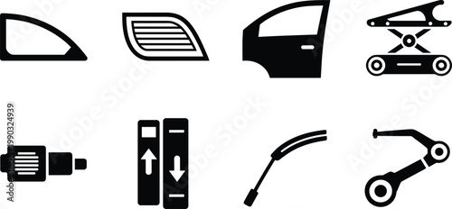 Automotive Body Parts Icons Featuring Car Door Window Glass Headlight Scissor Lift Mechanism Wiper Blade And Power Window Switches For Vehicle Repair And Maintenance Graphic Design