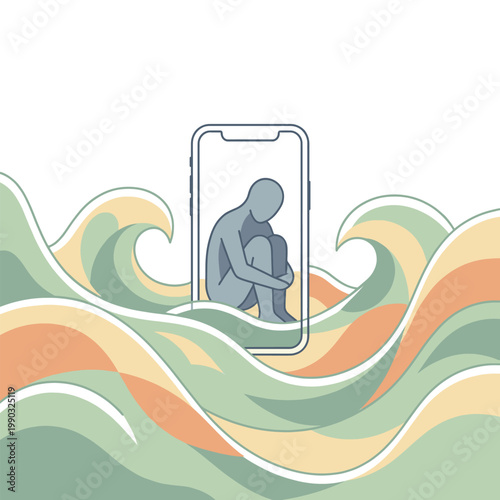 Loneliness and isolation amplified by the digital world, depicted as a person trapped inside a smartphone surrounded by overwhelming waves of information