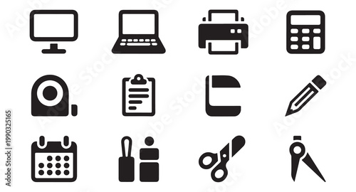 A set of silhouette icons representing office supplies and computing devices on white background.