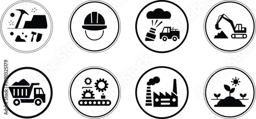 Black and White Industrial Mining and Construction Icon Set Featuring Heavy Machinery Excavator Dump Truck Factory Processing Plant Gear Wheels and Environmental Reclamation Symbols
