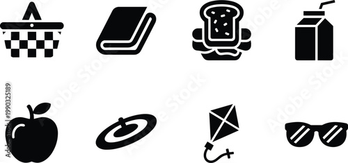 Essential Flat Vector Picnic Icons Featuring Wicker Basket Blanket Sandwich Juice Box Apple Flying Disc Kite and Sunglasses for Summer Outdoor Activity Graphic Design