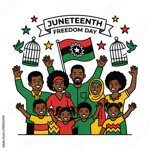 Joyful African American Family Celebrates Juneteenth Freedom Day, Waving Hands with Symbols of Emancipation and Unity