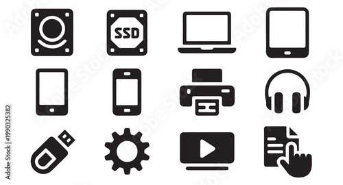 Set of technology and data storage icons, modern digital devices and hardware collection simple.