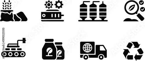 Production and Sustainability Line Icons Depicting Grain Sack, Processing Machinery, Storage Silos, Quality Control, Packaging, 