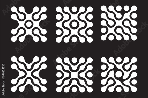 Meta ball minimalist icons. Connected dots signs. Integration abstract symbol. Circles fluid graphic pattern. Point movement. Connected blobs. Meta balls transition. Organic shapes. Set of flat logos.