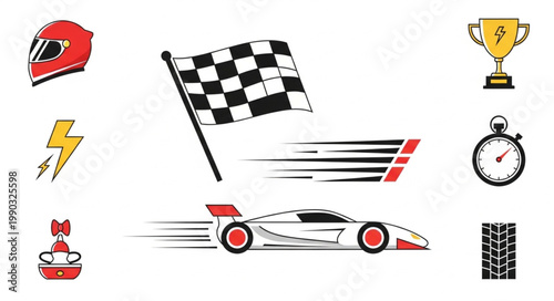 Racing sport icons collection with car flag and trophy.