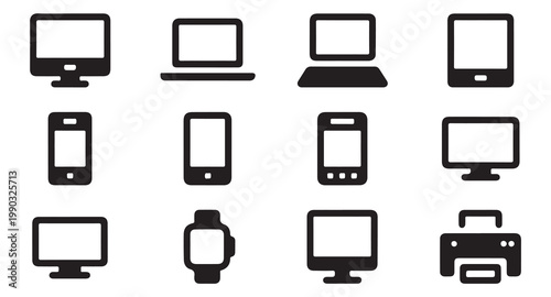 Collection of black and white device icons for computers phones and wearables.